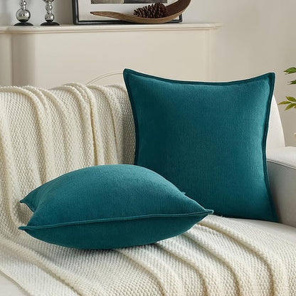 FUTEI Teal Chenille Throw Pillow Covers 12x20 Inch Set of 2,Edges Double-Stitched Lumbar Pillow Cases,Modern Home Decor for Couch Living Room