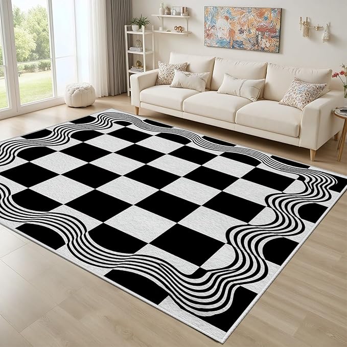 Checkered Area Rug, Checkerboard Rug, Geometric Plaid Washable Rugs 6x9, Modern Checkered Area Rugs, Wavy Line Carpet Non Slip for Bedroom Retro Home Decor Mat