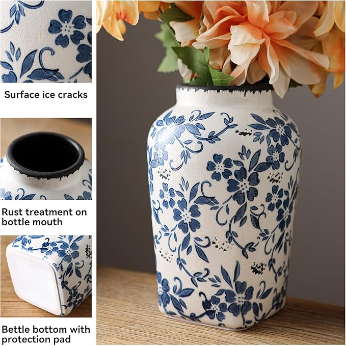 Blue and White Chinoiserie Vase, Handmade Vintage Floral Ceramic Vase, Round Blue Vase for Flowers, Rustic Table Centerpiece, Blue Vases Home Decor for Living Room, Office, Kitchen 8.4 in