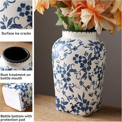 Blue and White Chinoiserie Vase, Handmade Vintage Floral Ceramic Vase, Round Blue Vase for Flowers, Rustic Table Centerpiece, Blue Vases Home Decor for Living Room, Office, Kitchen 8.4 in