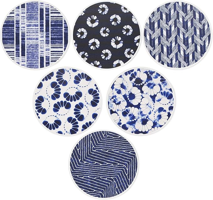 AD Set of 6 Coasters for Drinks Absorbing Round Ceramic Stone Coaster with Cork Base,Tabletop Protection Mat for Mugs and Cups,Office,Kitchen (Shibori with Holder)