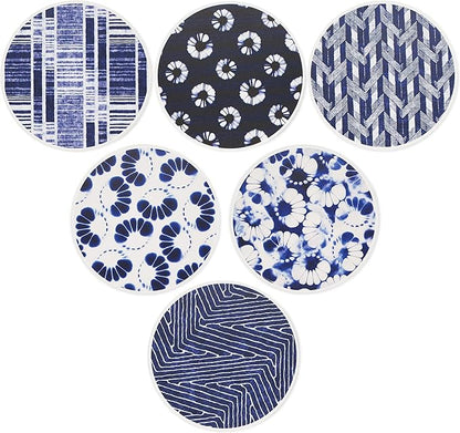AD Set of 6 Coasters for Drinks Absorbing Round Ceramic Stone Coaster with Cork Base,Tabletop Protection Mat for Mugs and Cups,Office,Kitchen (Shibori)