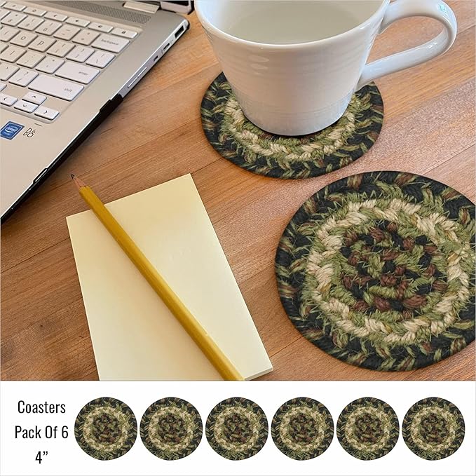 Homespice Pinecone Jute Woven Coasters 4", Warm Country Rustic Decor, Set of 6, Green - Durable, Absorbs Moisture, Easy to Clean and Protects Furniture