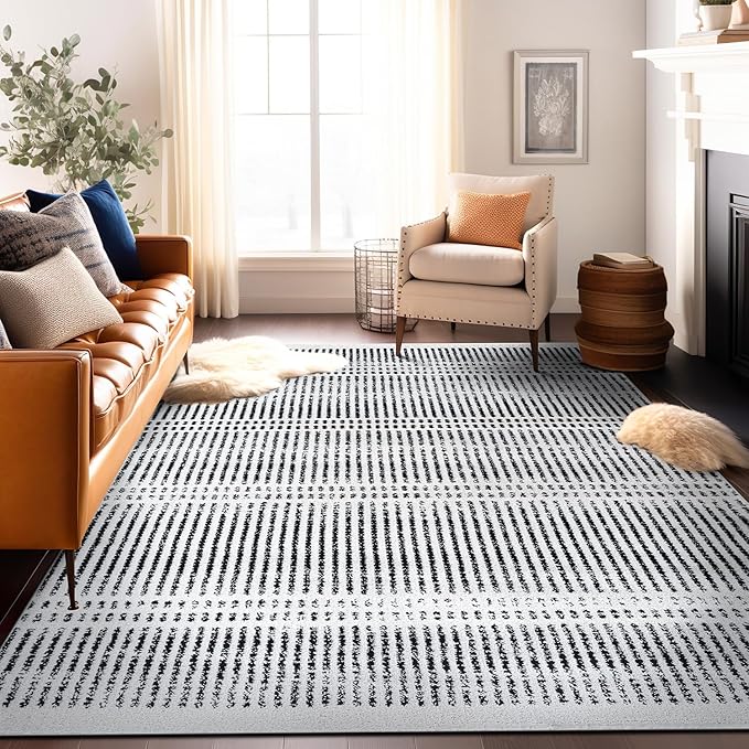 Rugshop Contemporary Stripe Lines High Traffic Living Room,Bedroom,Kitchen, Home Office Area Rug 7'10" x 10' Cream