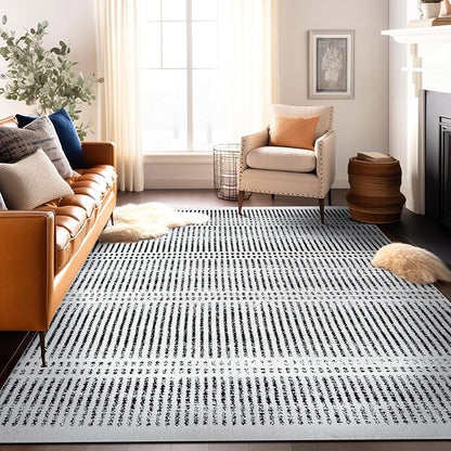 Rugshop Contemporary Stripe Lines High Traffic Living Room,Bedroom,Kitchen, Home Office Area Rug 7'10" x 10' Cream