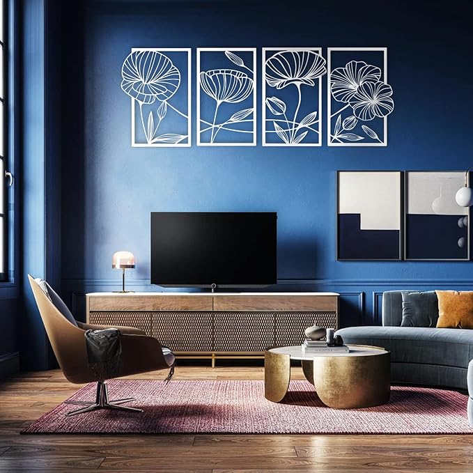ESTART 4 Pieces Metal Lotus Wall Decor Abstract Floral Aesthetic Splicing Line Art Minimalist Wall Decor for Bedroom Flowers Hanging Wall Sculpture for Living Room Kitchen Office and Yoga Room (White)