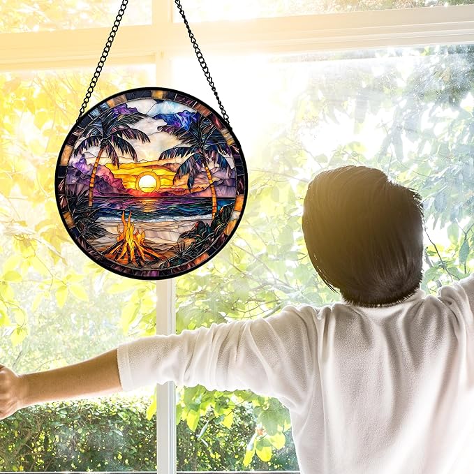 DASTOLL Stained Glass Window Hanging,Bonfire Beach Landscape Suncatcher Diamond Glass Panel Sun Catchers Decor for Birthday for Women, Men, Wife, Aunt, and Mom 11.8x11.8 in