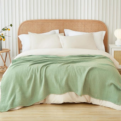 EMME Cotton Muslin King Blanket Big Oversized Bed Layering Bedspread Coverlet Breathable Gauze Soft Lightweight Blankets (Sage Green, 120"x94")