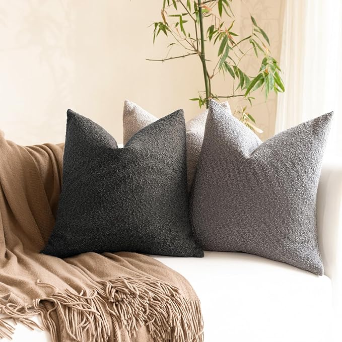 Boucle Decorative Lumbar Pillow Covers for Couch Set of 2, 12x20 inches, Dark Coffee