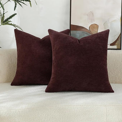 Plum Purple Chenille Decorative Couch Throw Pillow Covers, Soft Cushion Cases for Home Livingroom Sofa Décor, Pack of 2, 18 x 18 Inches