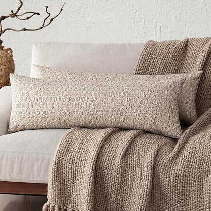 Foindtower Set of 2 Decorative Long Body Lumbar Throw Pillow Covers Vintage Accent Farmhouse Cushion Covers Neutral Home Decor for Sofa Couch Chair Bedroom Living Room,14×36 Inch,Ivory Beige