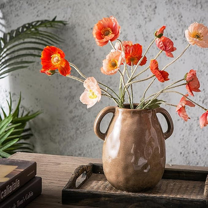 Kimdio Brown Ceramic Vase with 2 Handles, Modern Farmhouse Vases for Home Decor, Vintage Rustic Pottery Vase, Decorative Terracotta Vases, Clay Jug for Living Room Dining Table Shelf