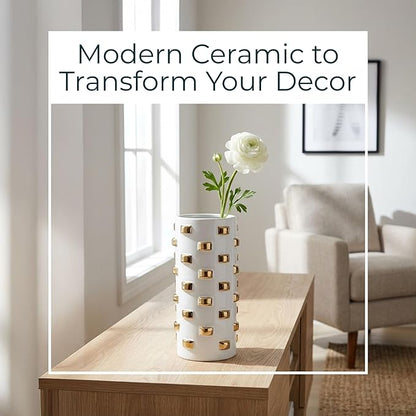 Modern Glam Stoneware Vase with Geometric Accents – Decorative Ceramic Flower Holder – Elegant Home Decor Accent for Living Room, Bedroom, Dining Room, or Office – 11", White and Gold