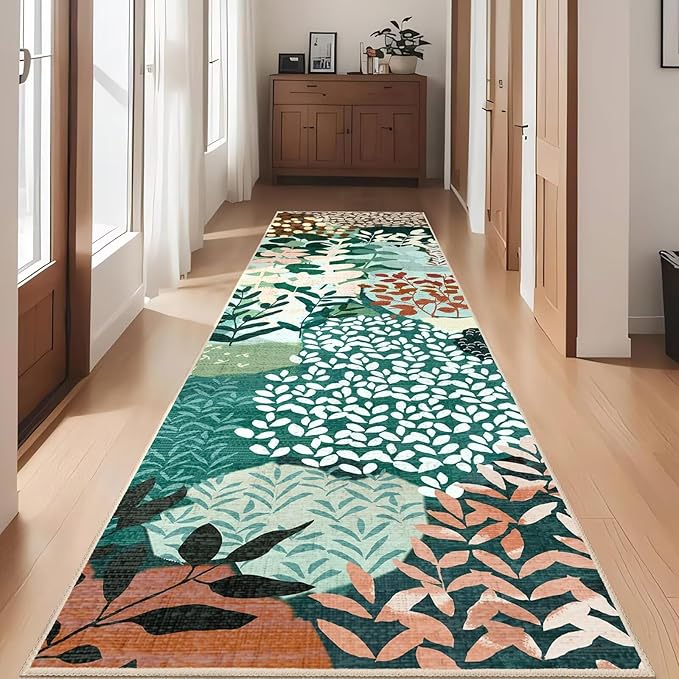 DEXDE Runner Rug 2x8, Washable Hallway Boho Soft Area Rugs Abstract Long Non Slip Leaves Floral Vintage Floor Carpet for Entryway Kitchen Laundry Bathroom Bedroom, Dark Green