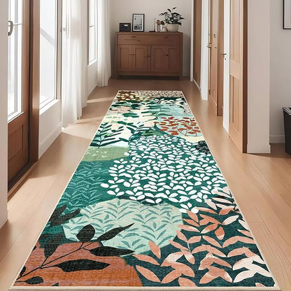 DEXDE Runner Rug 2x8, Washable Hallway Boho Soft Area Rugs Abstract Long Non Slip Leaves Floral Vintage Floor Carpet for Entryway Kitchen Laundry Bathroom Bedroom, Dark Green