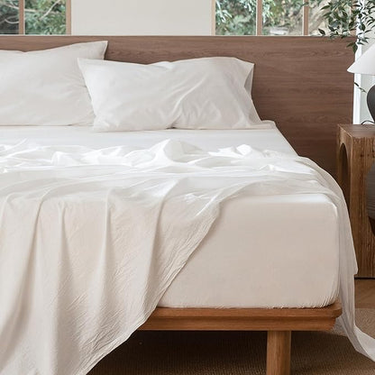 MooMee Bedding Sheet Set 100% Washed Cotton Linen Like Textured Breathable Durable Soft Comfy (Solid Off White, Full)