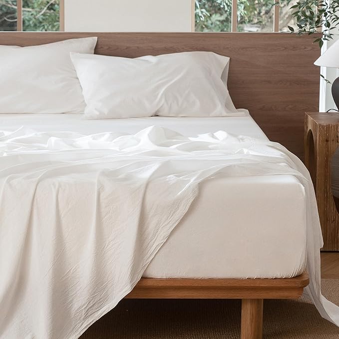 MooMee Bedding Sheet Set 100% Washed Cotton Linen Like Textured Breathable Durable Soft Comfy (Solid Off White, Twin XL)