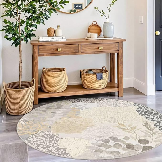 DEXDE Round Rug 4ft Washable Circle Area Rugs, Non Slip Low Pile Boho Floral Small Circular Carpet for Bedroom Bathroom Entryway Kids Room Office Dining Room, Gray
