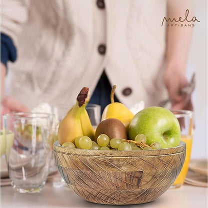 Mela Artisans Wooden Fruit Bowl | Light Burnt Finish | 9” Decorative Mango Wood Serving Bowl | Multipurpose for Kitchen Countertop | Salad | Dessert | Snacks | Breads & More | Natural Grain Pattern