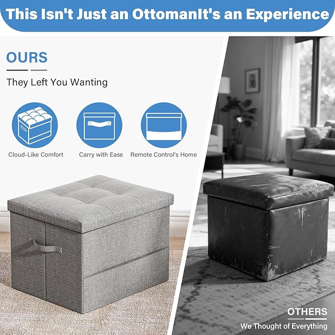 Storage Ottoman Foot Rest Stool, Foldable Footstool Storage Bench with Thicker Foam Padded Seat,Foot Rest Stool, 43L Ottoman with Bench, Holds Up to 350lbs, 17x13x13in,Drak Gray