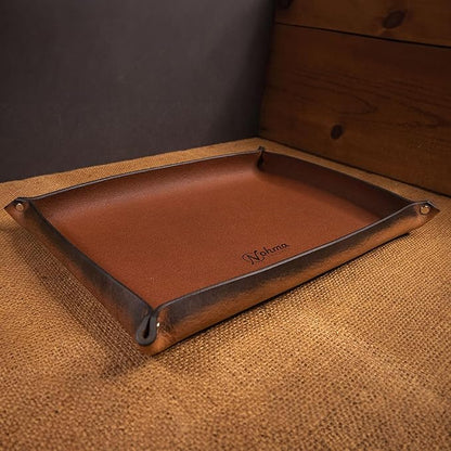 Valet Tray – Full-Grain Leather Catchall Organizer for Keys, Phone & Wallet – Rustic Nightstand & Desk Tray with Raised Sides – Handmade in USA (Vintage Brown, Large Rectangle)