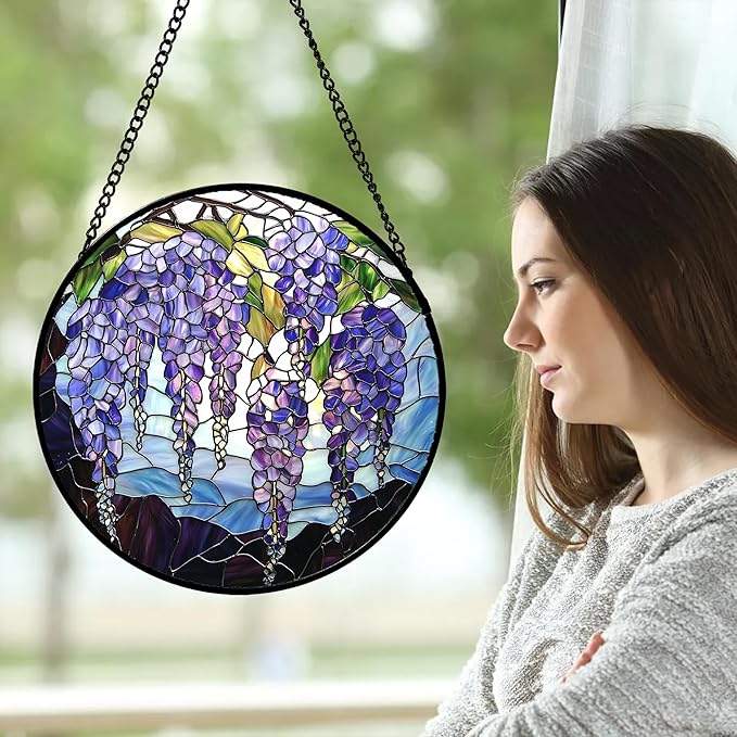 DASTOLL Stained Glass Window Hanging, Purple Wisteria Flowers Suncatcher for Doors Window Home Plant Sun Catchers Decoration Mother's Day Birthday Gifts for Women, Men, and Mom 11.8x11.8 in