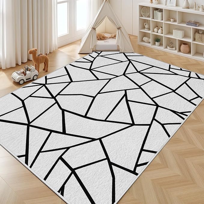 Black and White Rug, Area Rugs 5x7, Modern Abstract White and Black Rug, Geometric Rugs for Living Room Bedroom, Irregular Polygon Carpet Washable Non Slip Home Decor
