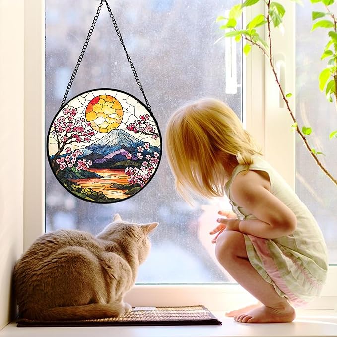 Stained Glass Window Hanging, Sun Blooming Cherry Blossoms Suncatcher Diamond Glass Panel Sun Catchers Decor for Birthday for Women, Men, Wife, Aunt, and Mom 11.8x11.8 in