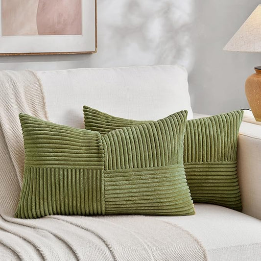 Fancy Homi 2 Packs Moss Green Lumbar Decorative Throw Pillow Covers 16x32 Inch for Living Room Couch Bed, Rustic Farmhouse Boho Home Decor, Soft Striped Corduroy Rectangle Accent Cushion Case 40x80 cm