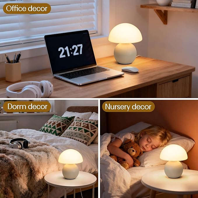 Small Mushroom Lamp,USB-Plug in Bedside Table Lamps with 3-Temperature LED Bulb Dimmable,Unique Cute Aesthetic Home Decor for Living Room/Bedroom/Entryway/Table Decor(Cream White)