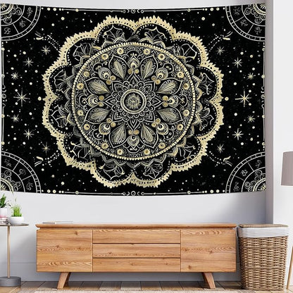 Delur Black and Gold Mandala Tapestry Astrology Space Hippie Bohemian Floral Medallion Tapestry Wall Hanging Aesthetic Indian Psychedelic Headboard for Bedroom Living Room Home Decor (59.1" x 78.7")