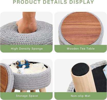 Wimarsbon Pouf Ottoman, 100% Cotton Knitted Boho Footstool, Round Footrest with Non-Skid Wood Legs, Home Décor Handmade Pouffe, Leisure Floor Step Stool for Living Room (Storage Grey)
