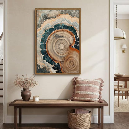 IBHJSART Framed Tree Ring Canvas Wall Art Vintage Colorful Wood Stump Painting Prints Modern Minimalist Pictures Neutral Nature Rustic Farmhouse Decor Living Room Bedroom Bathroom Office