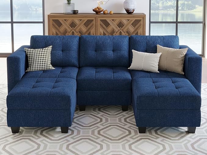 Belffin Modular Sectional Sofa Couch with Double Chaises U Shaped Sectional Sofa Modular with Storage Seat Modular Couch with Reversible Ottomans Blue