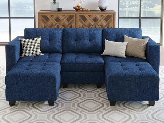 Belffin Modular Sectional Sofa Couch with Double Chaises U Shaped Sectional Sofa Modular with Storage Seat Modular Couch with Reversible Ottomans Blue
