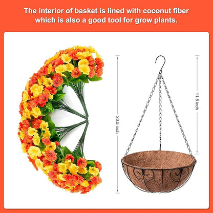 Artificial Hanging Flowers with Basket, Faux Silk Petunias Flower Arrangement, Coconut Lining with Morning Glories Fake Plants Patio Garden Porch Deck Fall Decor(Orange Yellow)