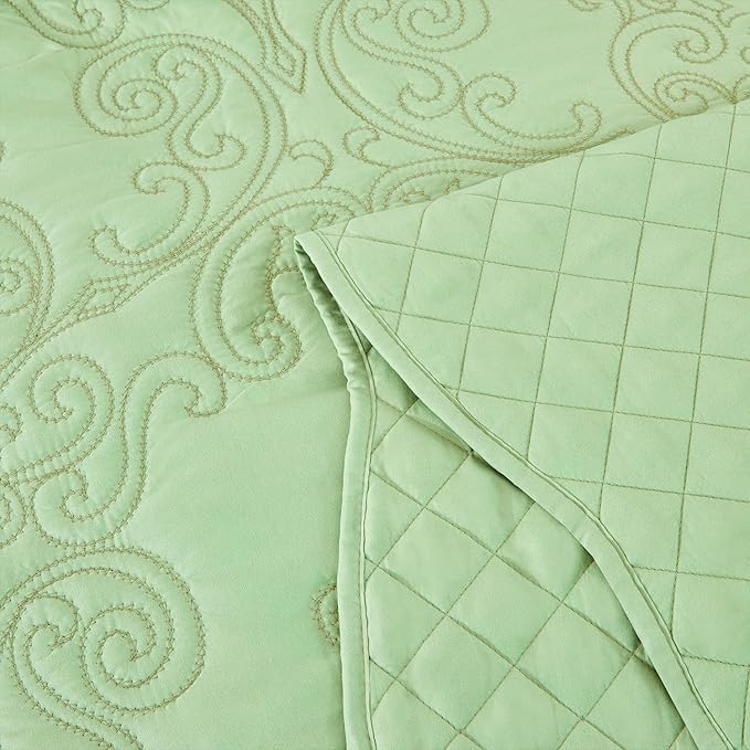 CHIXIN Oversized Bedspread Coverlet Set King Size - Lightweight Bedding Cover - Beautiful Stitching - 5 Piece Reversible Bedspread - Luxury Damask Paisley Pattern (King, Peak Green)