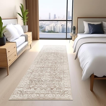 Washable Runner Rug, 2.5'x8' Vintage Kitchen Runners Non-Slip Foldable Hallway Runner Rug for Entryway, Laundry, Bedroom, Light Brown