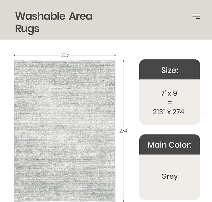 Valenrug Washable Rugs 7x9 - Stain Resistant 7x9 Area Rugs for Living Room, Non Slip Backing Printed Rugs for Bedroom, Folable Machine Washable Area Rug (7'x9', Grey)