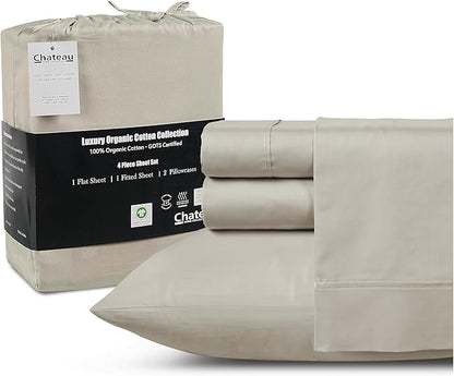 300 Thread Count 100% Organic Cotton Twin Sheets Set for Twin Mattress, 15" Deep Pocket Sheets, No Pilling & Shrinkage, Machine Washable Fade Resistant Luxury Hotel Bedding – Silver