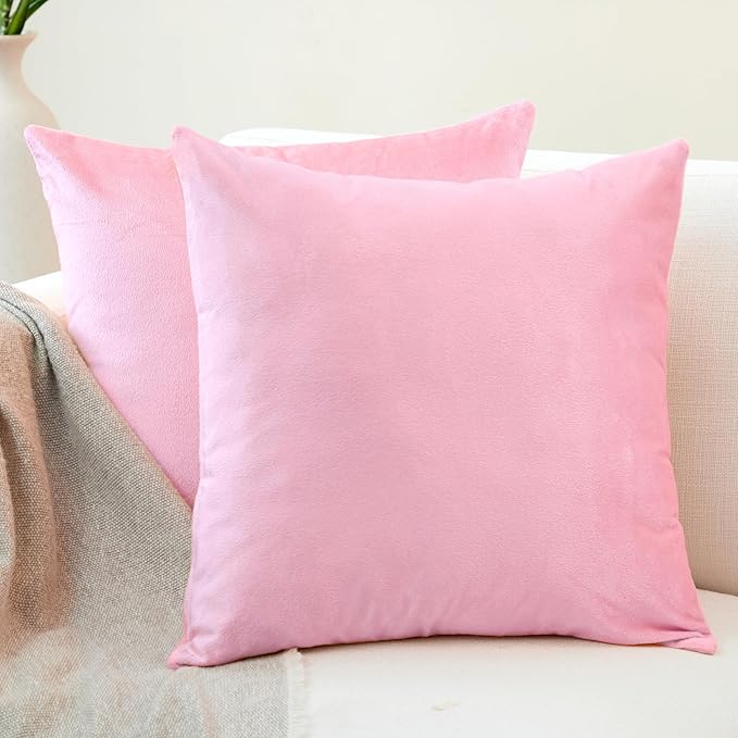 Encasa XO Velvet Throw Pillow Covers 16x16 in (40x40 cm) - Light Pink - No Inserts, Pack of 2 Cases | Solid Plain Dyed Soft & Smooth, Square Decorative Cushion Covers for Living & Bedroom