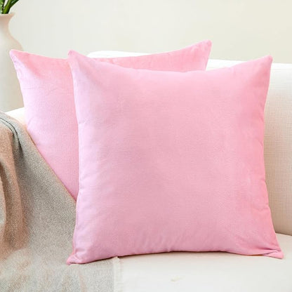 Encasa XO Velvet Throw Pillow Covers 16x16 in (40x40 cm) - Light Pink - No Inserts, Pack of 2 Cases | Solid Plain Dyed Soft & Smooth, Square Decorative Cushion Covers for Living & Bedroom