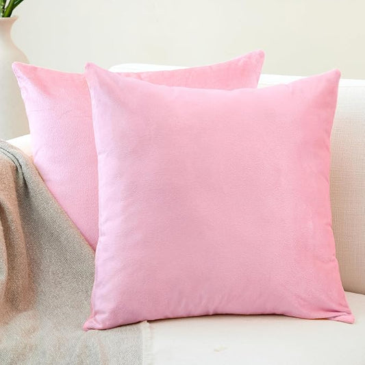 Encasa XO Velvet Throw Pillow Covers 16x16 in (40x40 cm) - Light Pink - No Inserts, Pack of 2 Cases | Solid Plain Dyed Soft & Smooth, Square Decorative Cushion Covers for Living & Bedroom