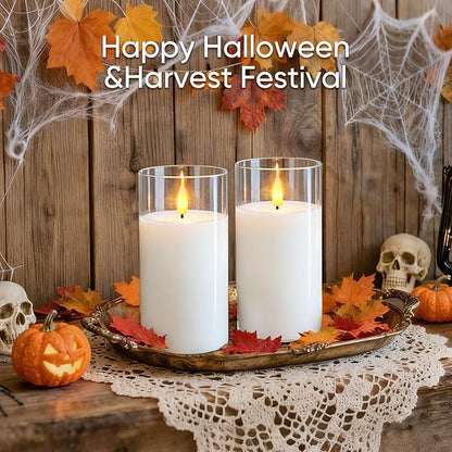 5plots Flameless Battery Operated Candles Set of 2, White LED Candles with Remote Timer, Real Wax Glass Pillar Candles Warm Flickering Light for Indoor Home, Halloween, Christmas Decor D3 x H6 6"