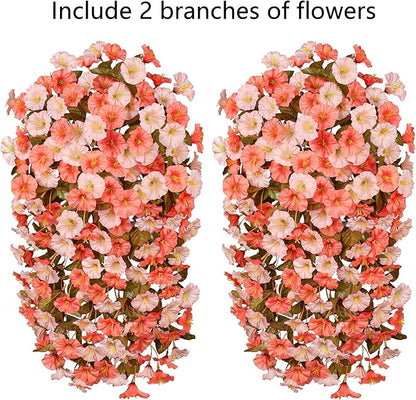 HyeFlora Artificial Fake Fall Hanging Flowers for Outdoor Decor, 2PCS Faux Silk Morning Glory Hanging Plants Mums Vine for Home Garden Wall Party Indoor Outside Decoration (Fall Orange+Light Orange)