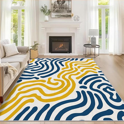 5x6 Abstract Wavy Line Rugs for Bedroom Decor, Washable Yellow Blue Lines Pattern Area Rug, Living Room Home Decoration, Non Slip Soft Thin, Abstract Art Decor Carpet PF-P 56