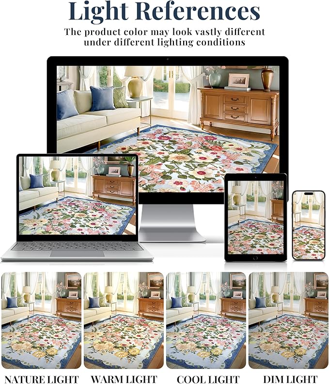 Area Rug for Living Room - 8x10 Washable Floral Rugs Non-Slip Soft Low Pile Bedroom Rug Under Bed Stain Resistant Accent Indoor Floor Carpet for Dining Room Playroom Home Office Decor, Blue