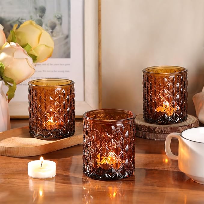 8Pcs Large Votive Candle Holders Amber Tea Light Candle Holders Glass Candle Holder for Wedding, Bridal Shower,Table Centerpiece,Party, Home Decor, Fall Decor