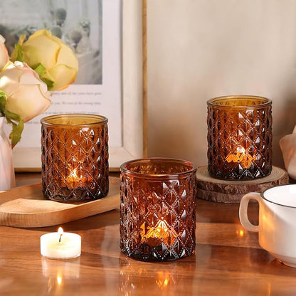 8Pcs Large Votive Candle Holders Amber Tea Light Candle Holders Glass Candle Holder for Wedding, Bridal Shower,Table Centerpiece,Party, Home Decor, Fall Decor