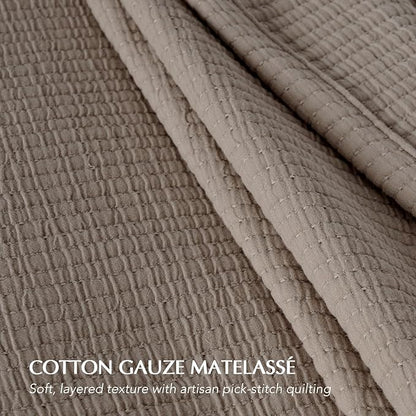 EVERGRACEHOME Cotton Gauze Full Queen Bedspread, Ultra Soft Prewashed Pick Stitch Matelassé Coverlet, Lightweight Textured Oversized Queen Quilt Bedding Set for All Season, w/ 2 Shams, Mocha Brown